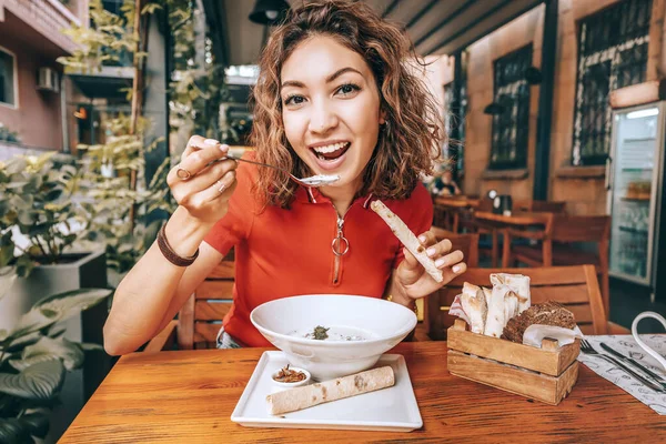 Happy Cheerful Woman Eating Lavash Bread Traditional Armenian Cuisine Dish — Stock Photo, Image