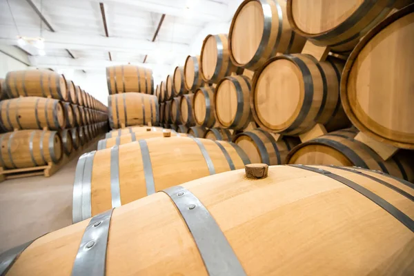 Barili Legno Vino Nella Cantina Della Cantina Processo Invecchiamento Fermentazione — Foto Stock