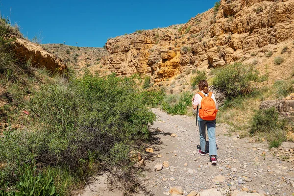 Una Mujer Con Una Mochila Camina Largo Sendero Cañón Desierto — Foto de Stock