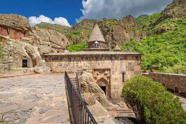 Facade Geghard Monastery Church Carved Rock Armenia Important Tourist Religious Stock Image