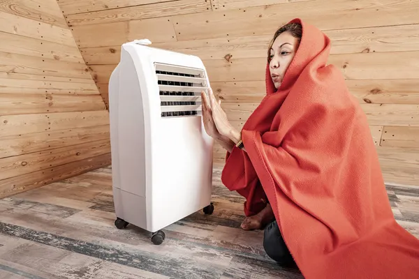 Mujer Divertida Calienta Radiador Eléctrico Casa Madera Invierno Envuelto Una — Foto de Stock