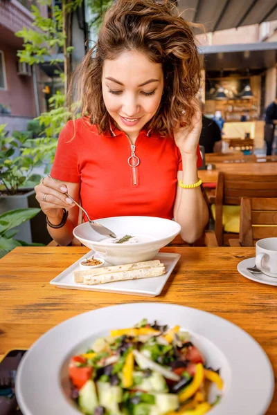 Woman Eating Traditional Armenian Dish Spas Soup Made Fermented Yogurt — Stock Photo, Image