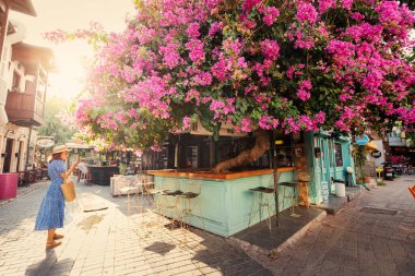 26 Ağustos 2021, Kas, Türkiye: Bar ve restoranlar arasında Kash kenti sokaklarında çiçek açan büyük bir Bougainvillea çalılığı