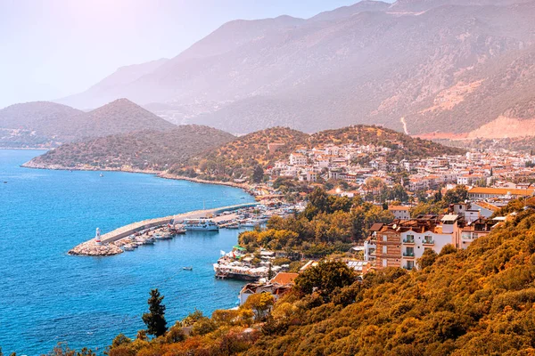 Incantevole Vista Sulla Località Balneare Kas Turchia Romantico Faro All — Foto Stock