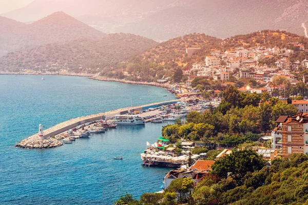 Incantevole Vista Sulla Località Balneare Kas Turchia Romantico Faro All — Foto Stock