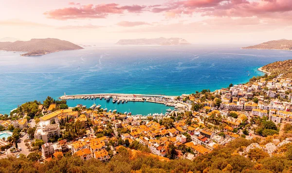 Encantadora Vista Aérea Panorâmica Cidade Balnear Resort Kas Turquia Porto — Fotografia de Stock