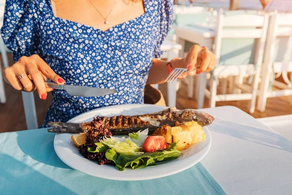 Happy Woman Baked Sea Bass Fish Seafood Restaurant Mediterranean Diet — Stock Photo, Image