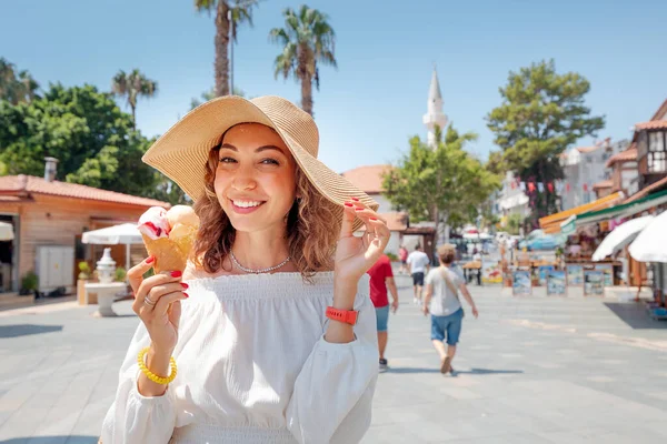 Cheerful Woman Snow White Smile Eats Delicious Ice Cream Rests - Stock-foto