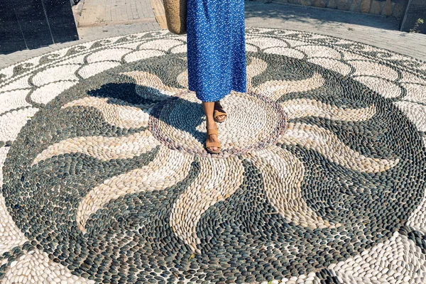Woman Walking Beautiful Mosaic Pavement Floor Decorative Pattern Small Stones — стокове фото