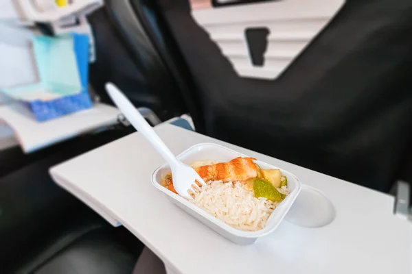 Container Healthy Rice Fish Dinner Flight Board Airplane Economy Class — Stock Photo, Image