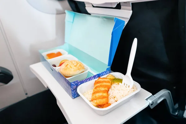 Container Healthy Rice Fish Dinner Flight Board Airplane Economy Class — Stock Photo, Image