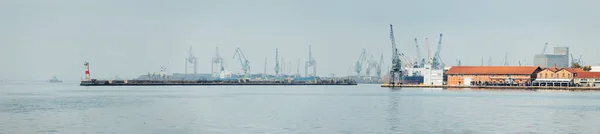 Panoramautsikt Över Hamnen Thessaloniki Stad Med Massor Lastkranar Sjötransport Och — Stockfoto