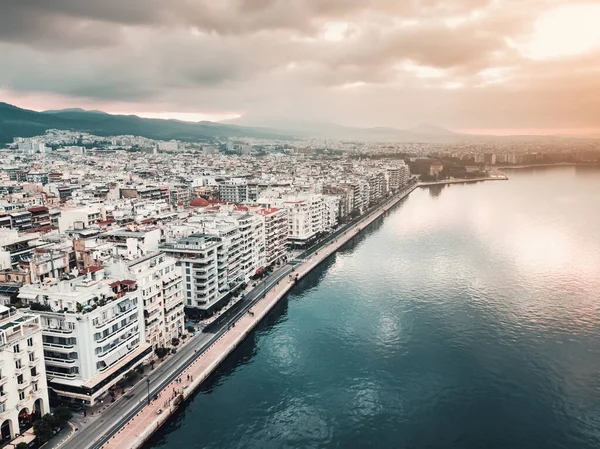 Panorama Aéreo Sobre Paseo Marítimo Ciudad Salónica Con Fachadas Edificios —  Fotos de Stock