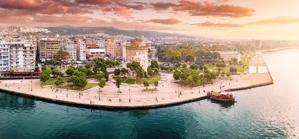 Aerial Panoramic View Main Symbol Thessaloniki City White Tower Boat — Fotografia de Stock