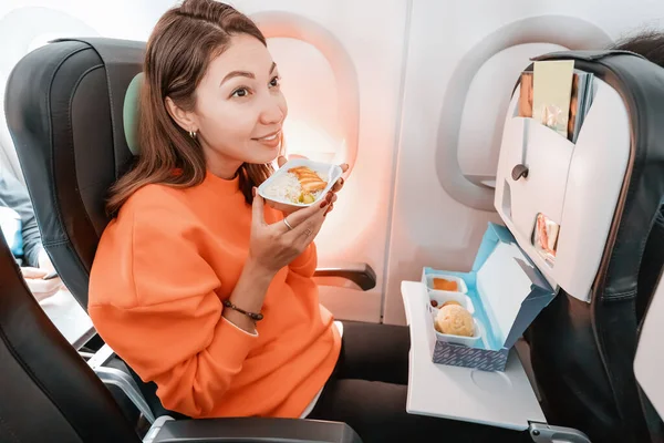 Happy Woman Ordered Tasty Dish Flight Plane Eats Fish Rice — Stock Photo, Image
