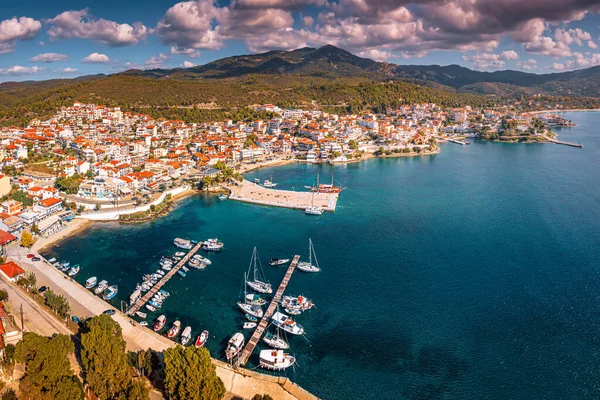 Wide Aerial Panoramic View Resort Sea Town Neos Marmaras Yacht — Stock Photo, Image