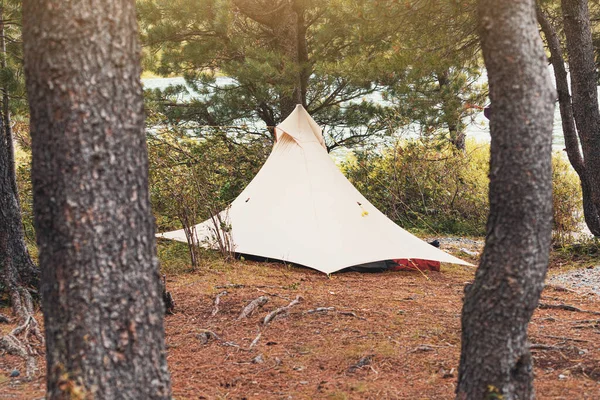 Tienda Ultraligera Con Lazos Cuerda Instala Bosque Denso Campamento Actividades — Foto de Stock