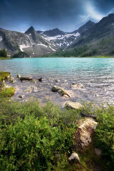 Atmosférická Náladová Krajina Jezera Krepkoye Zamlženém Zamračeném Dni Ruském Altai — Stock fotografie
