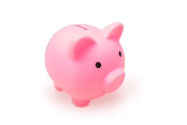 Banknotlar ve beyaz arka planda izole edilmiş paralar için pembe kumbara. Emeklilik ve tatil için yatırım ve mali tasarruf kavramı