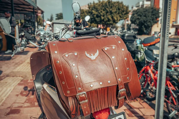 Bolso Cuero Retro Vintage Una Moto Motor Con Motor Helicóptero — Foto de Stock