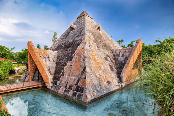 A pyramid mockup structure in the style and inspired by the Aztec and Mayan pyramids on the Yucatan Peninsula in Mexico