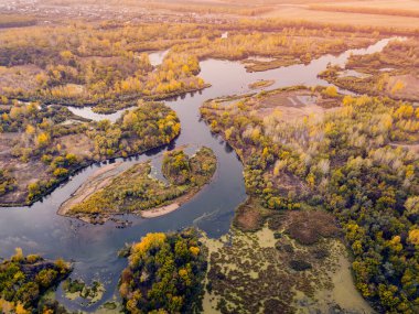 Bataklık ve bataklıktaki kanalların ve derelerin havadan görüntüsü. Balıkçılık ve çevre kavramı