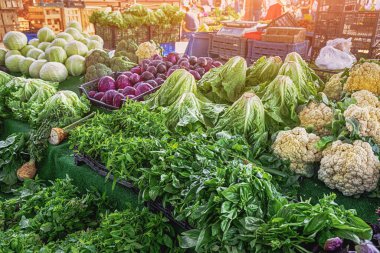 Yerel pazarda organik eko hasadı olan bir çiftçinin tezgahında satılık sayısız sebze ve bitki var.