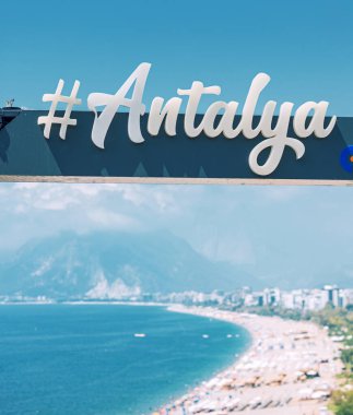 04 June 2022, Antalya, Turkey: Viewpoint beautiful frame with panorama of scenic and popular Konyaalti beach in Antalya resort town. Sea Beach vacation and holiday in Turkiye