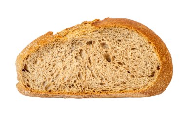 One slice of cutted grain bread with bran and dietary fiber isolated on white. Bakery and calorie concept