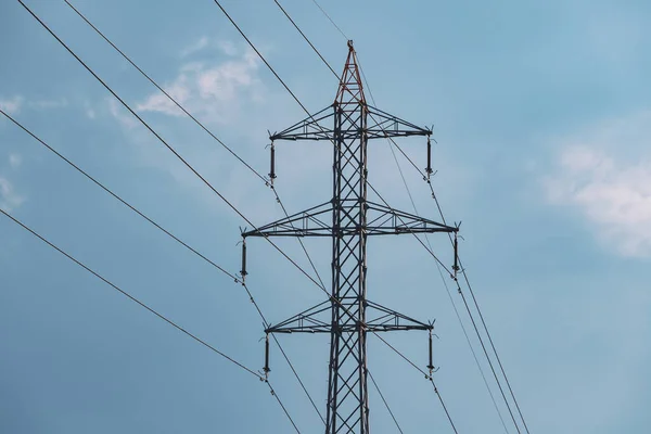 Electric Pole Lines Cables Transmitting Energy Consumers Electrification Industry — Stok fotoğraf