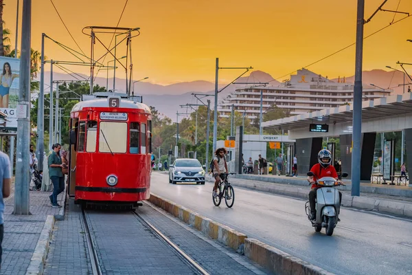 June 2022 Antalya Turkey Red Retro Tram Passengers Cars Bikers — Fotografia de Stock