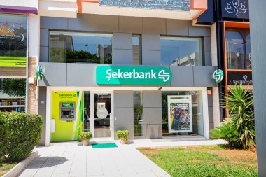 23 June 2022, Antalya, Turkey: Seker bank financial department office. Deposit and money savings account concept