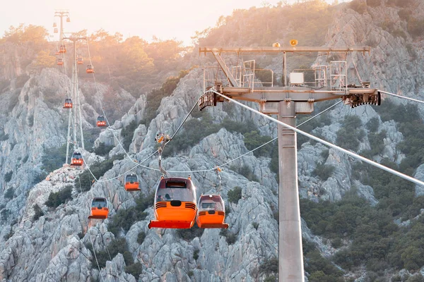 Cable Car Carries Tourists Closed Gondolas Viewing Platform High Mountains — Stock Fotó