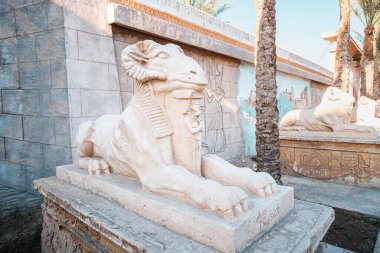 09 January 2022, Hurghada, Egypt: Restored alley of Karnak sphinxes with a Goat's head, copied from Luxor