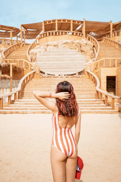 Happy Girl Fashionable Swimsuit Sunbathing Beach Famous Giftun Island Orange — Zdjęcie stockowe