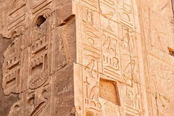 Hieroglyphs Carved Sandstone Wall Karnak Temple Luxor Egyptian Heritage History — 스톡 사진