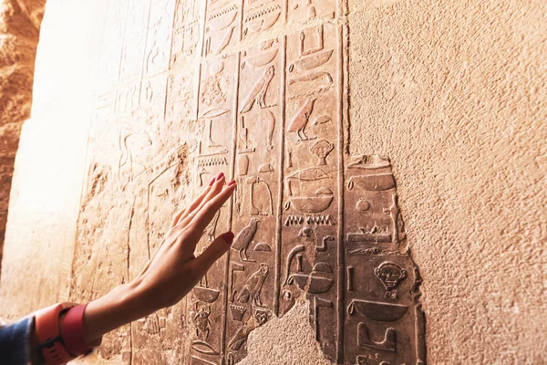 Egyptologist Archaeologist Reads Translates Egyptian Hieroglyphs Carved Stone — Stockfoto