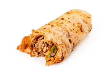 Isolated on a white background, Turkish doner or durum is a fast food with meat and salad wrapped in a flatbread. Unhealthy and greasy food