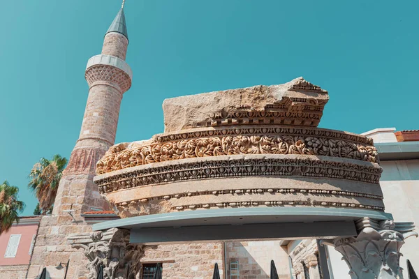 Close Details Ancient Hellenistic Artifact Mosque Minaret Background Antalya Travel — 스톡 사진