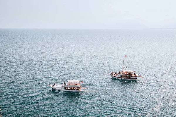 Two Excursion Luxury Ships Motorboats Sails Water Surface Mediterranean Sea — Fotografia de Stock