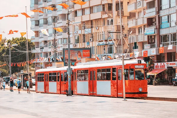 July 2022 Antalya Turkey Retro Vintage Tram Line Tourists Locals — Fotografia de Stock