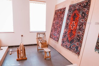 09 July 2022, Antalya, Turkey: Traditional ornamental turkish carpets in ethno museum