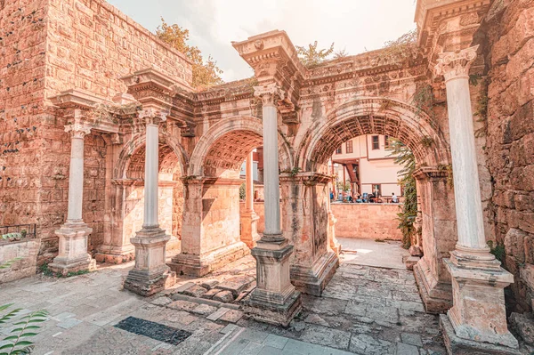 Famous gate or Hadrianus arch in Antalya without visitors. Travel landmarks and must-see tourist and sightseeing sites in Turkey