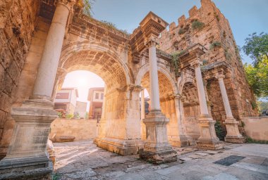 Famous gate or Hadrian arch in Antalya without visitors. Travel landmarks and must-see tourist and sightseeing sites in Turkey