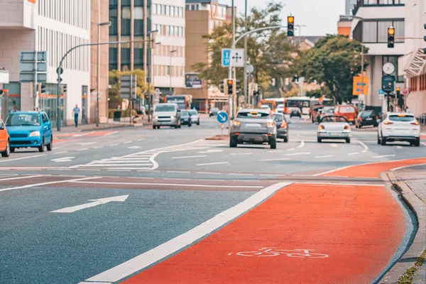 Painted bike and cycle path on the streets of the city. Alternative healthy and eco friendly transport in the city