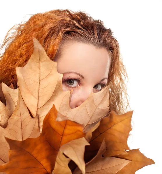 Girl with yellow autumn leaves — Stock Photo, Image