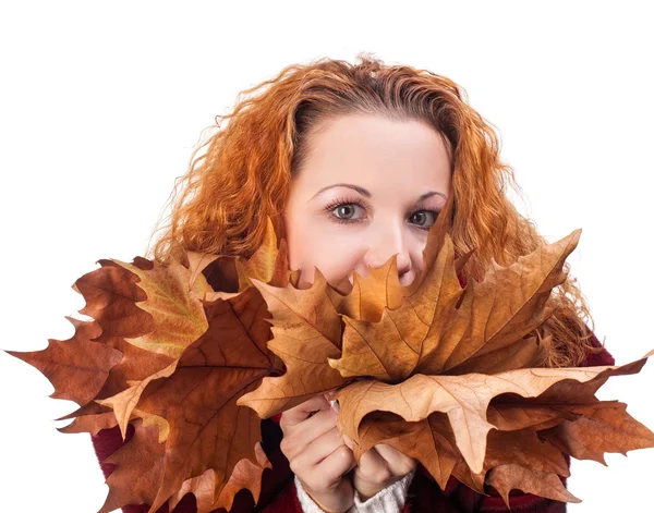 Girl with yellow autumn leaves — Stock Photo, Image