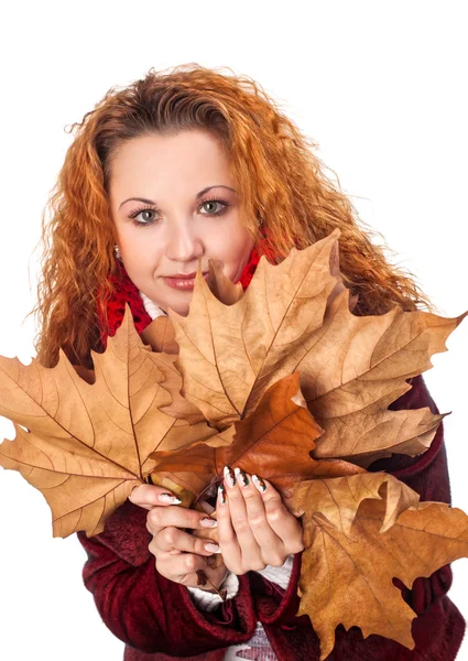 Girl with yellow autumn leaves — Stock Photo, Image