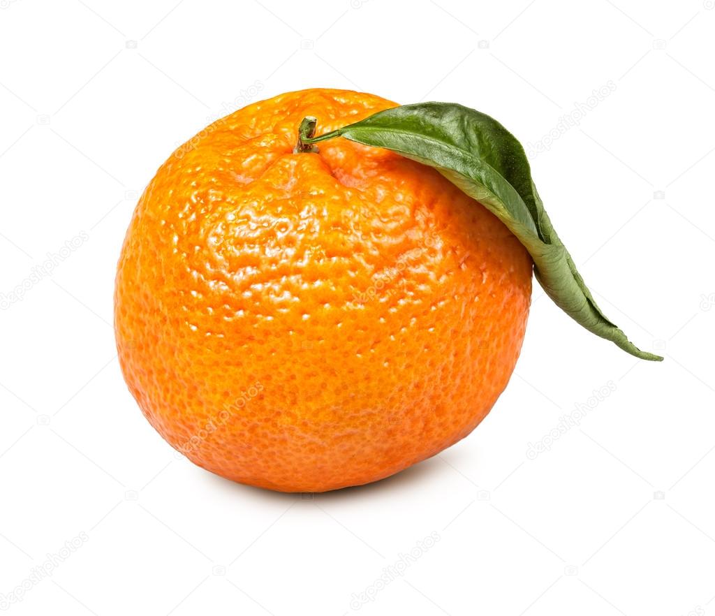 Ripe tangerine with green leaf
