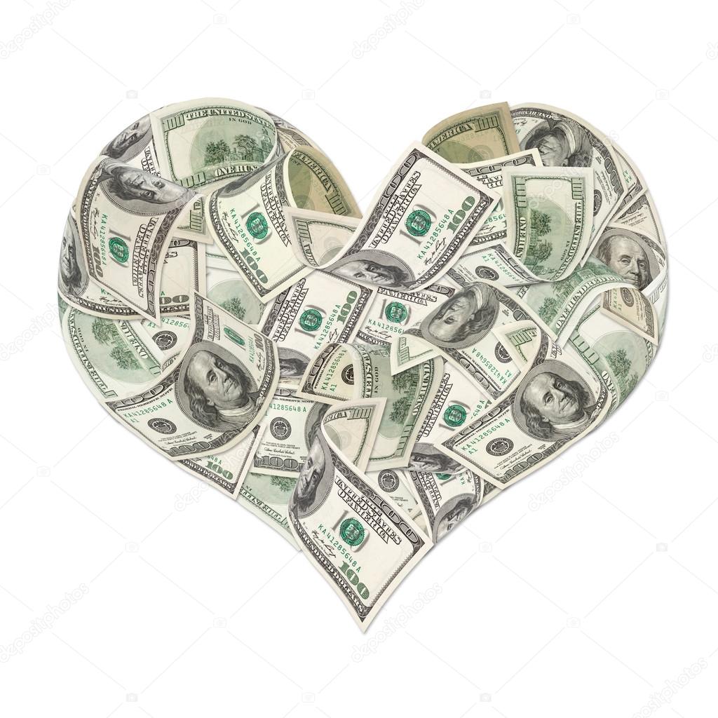 Heart sign made by 100 dollar banknotes